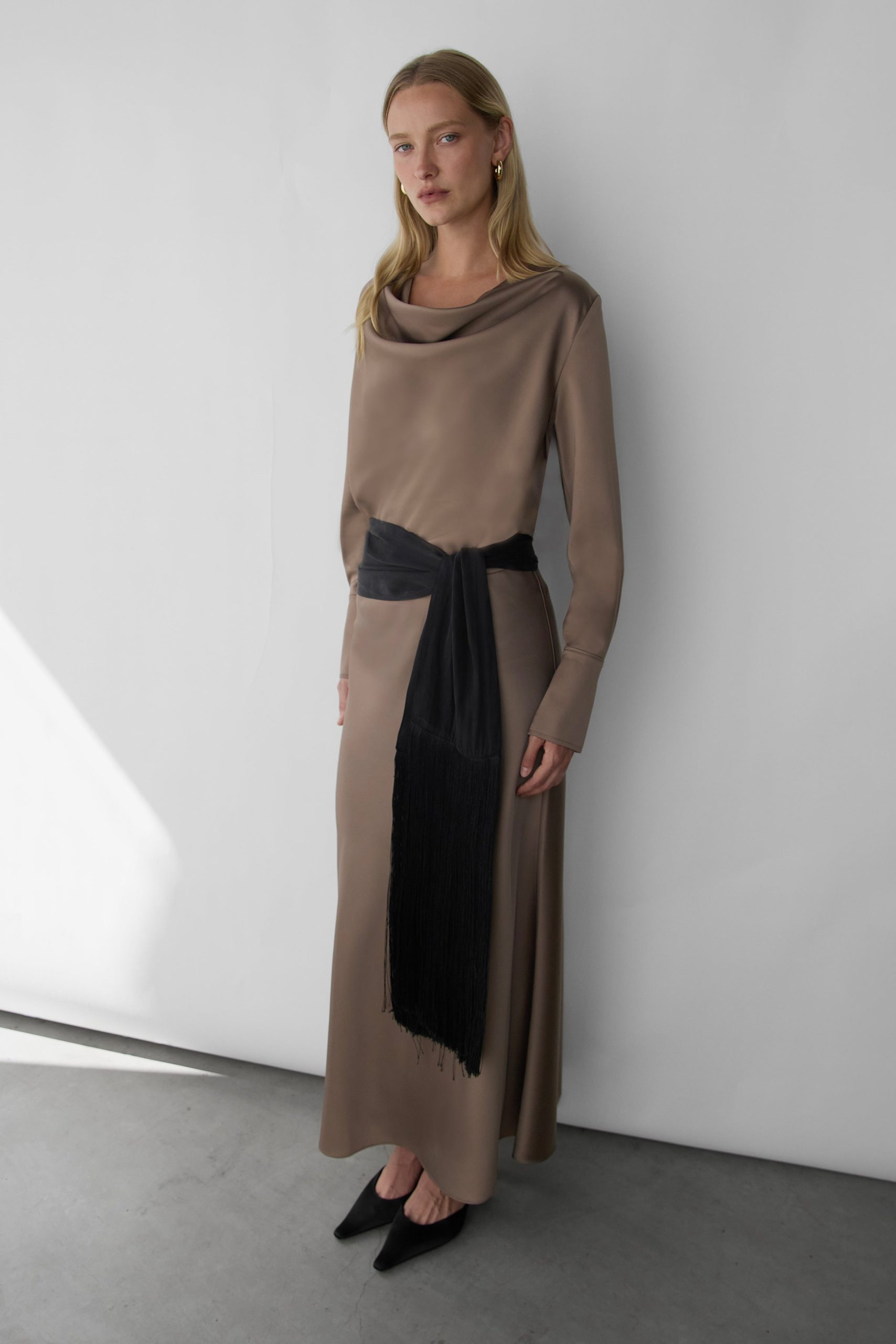 SATIN COWL NECK LONG SLEEVE BLOUSE