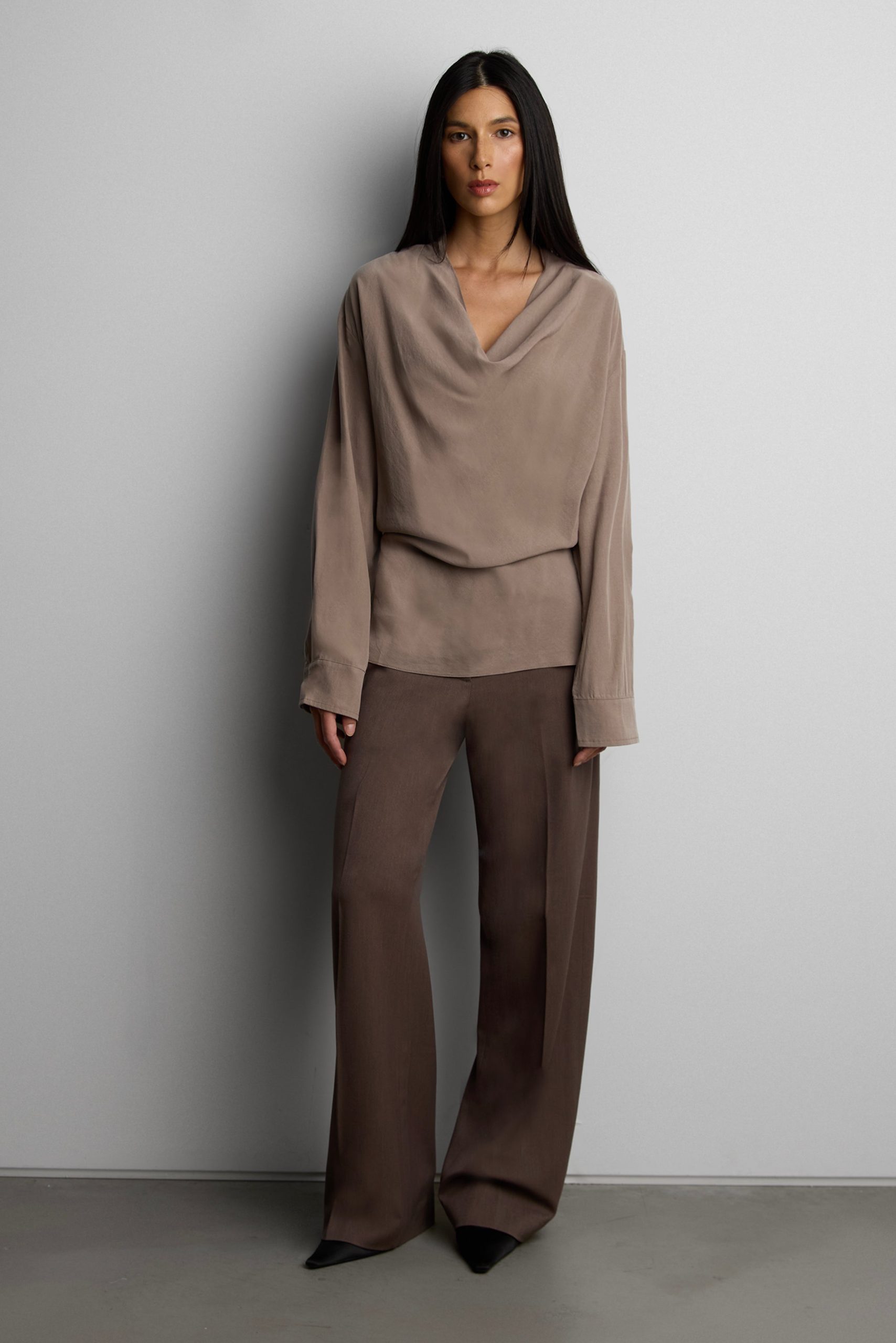 SHEER COWL NECK WAIST TIE TOP