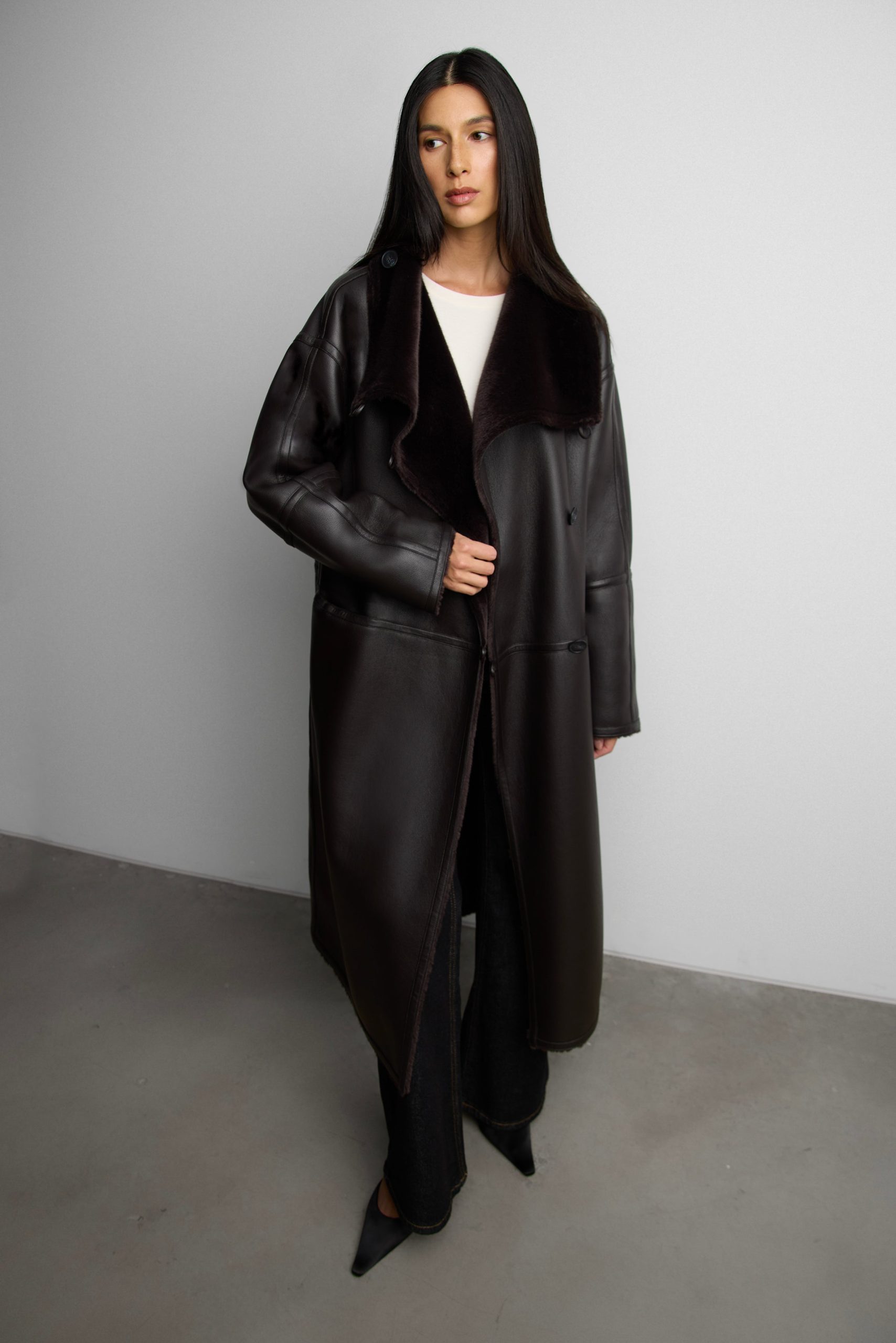 VEGAN LEATHER FAUX FUR LINED COAT